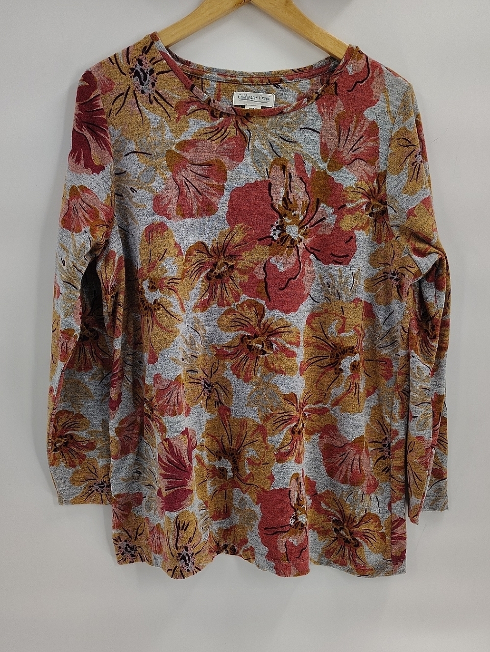 Coldwater Creek Top Size Large Pullover Floral Print Long Sleeve Gray Pink